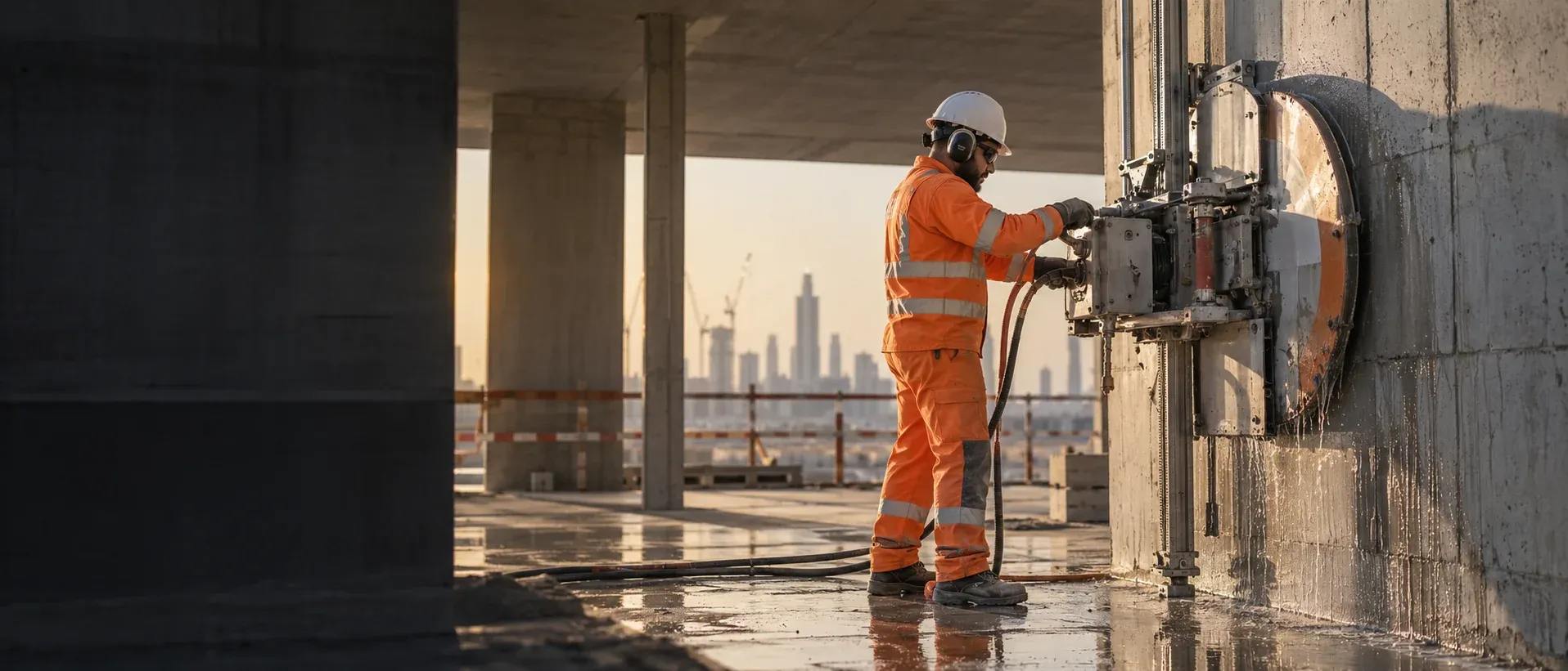 Representative image of a worker operating a wall saw at a concrete site