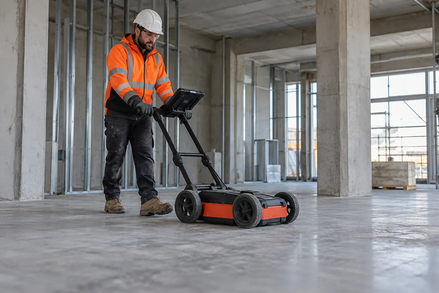 Technician guiding a concrete scanner across a bare slab
